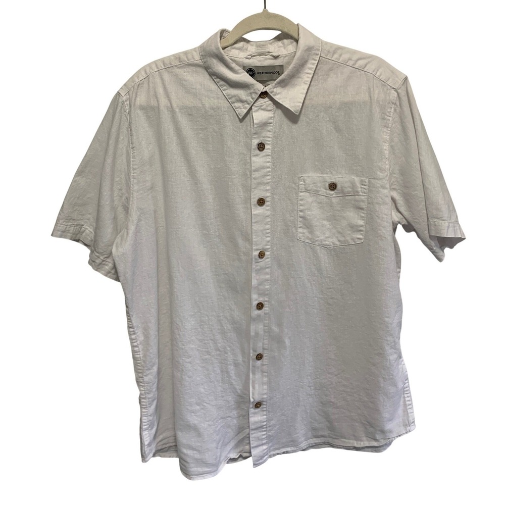 Vintage WEATHERPROOF Mens XL White Linen Blend Short Sleeve Button Up Shirt